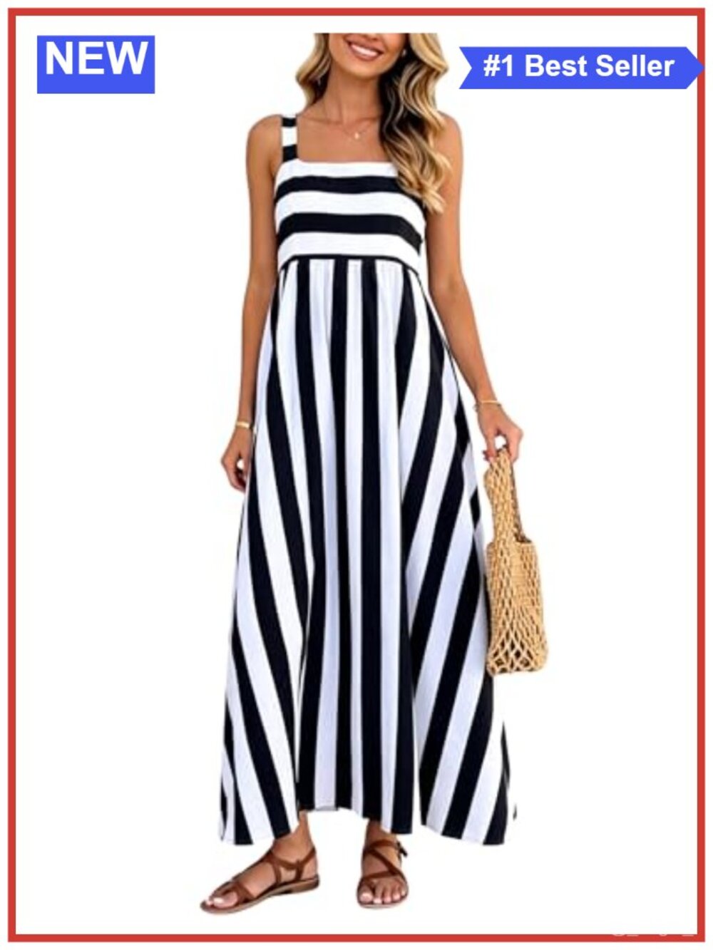 Striped Maxi Dress Sleeveless Square Neck Spaghetti Strap Flowy Beach Boho